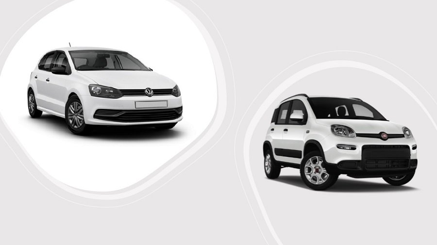 Visuel dans lequel se trouvent une Fiat Panda et une VW Polo Location de voiture à Lausanne présentation de la flotte de voitures